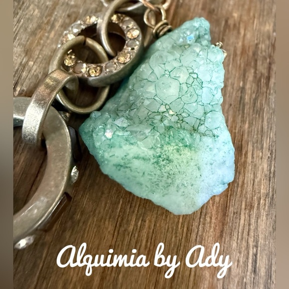 Gold and raw green aventurine drusy Keychain with Stone Accent bag charm - Picture 2 of 3